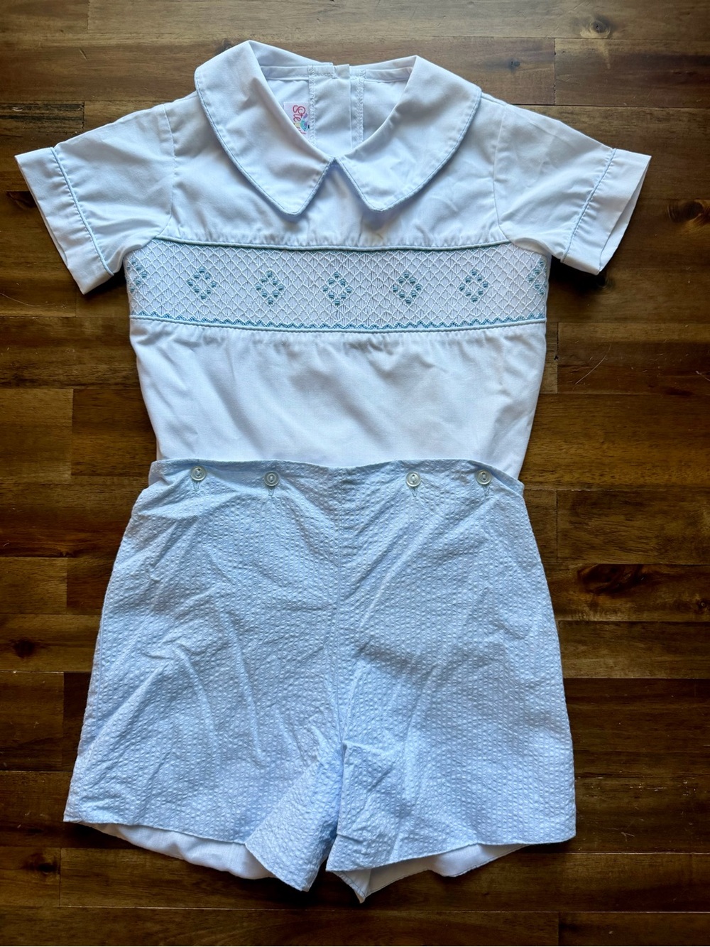 StellyBelly Boy Hand Smocked Button On Short Set 4T White Blue Peter Pan Collar